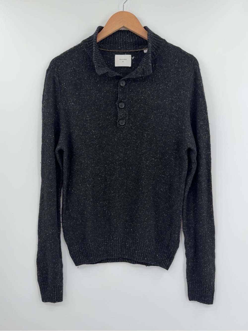 Billy Reid Cotton Silk Wool Blend Henley Sweater | Charcoal Speckle | Medium